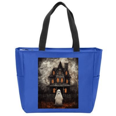 Vintage Ghost Haunted House Midnight Halloween Ghost Spooky Zip Tote Bag