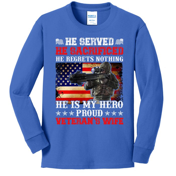 Veterans Gift He Is My Hero Proud Veteran's Wife Gift Kids Long Sleeve Shirt