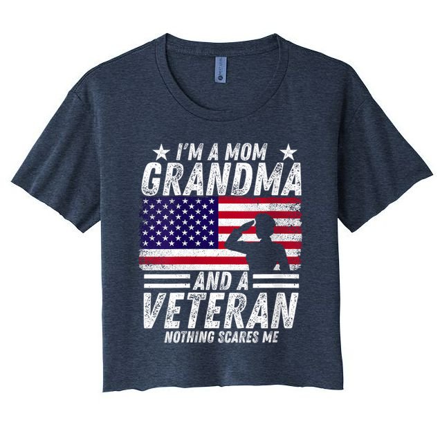  Veteran Grandma I'm a Mom Grandma and A Veteran Patriotic V-Neck Crop Top