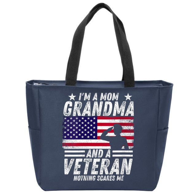  Veteran Grandma I'm a Mom Grandma and A Veteran Patriotic V-Neck Zip Tote Bag