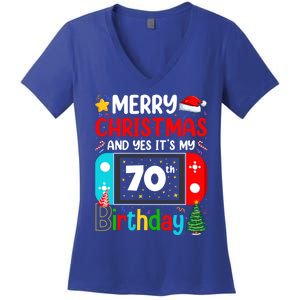 Video Game Lover Merry Christmas Yes ItS My 70th Birthday Gift Women's V-Neck T-Shirt