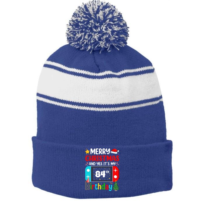 Video Game Lover Merry Christmas Yes ItS My 84th Birthday Gift Stripe Pom Pom Beanie