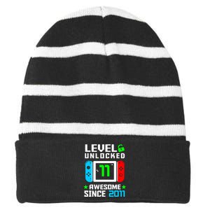 Video Game Level 11 Unlocked 11th Birthday Striped Beanie with Solid Band