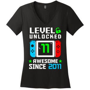 Video Game Level 11 Unlocked 11th Birthday Women's V-Neck T-Shirt