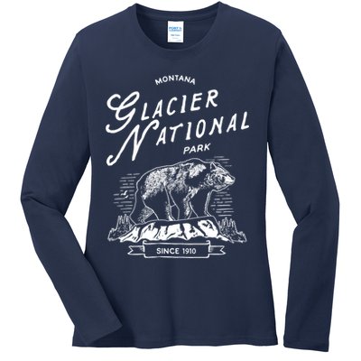 Vintage Glacier National Park Retro Bear Montana Ladies Long Sleeve Shirt
