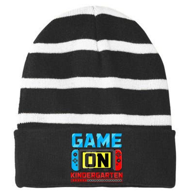 Video Game On Kindergarten Gamer Back To School First Day Striped Beanie with Solid Band