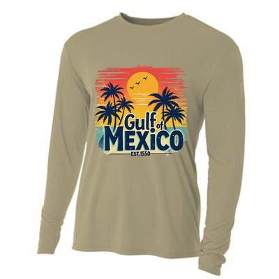 Vintage Gulf Of Mexico Sunset Beach Palm Trees Retro Cooling Performance Long Sleeve Crew