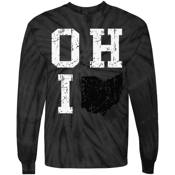 Vintage Grunge Ohio Map State Shape Design Tie-Dye Long Sleeve Shirt