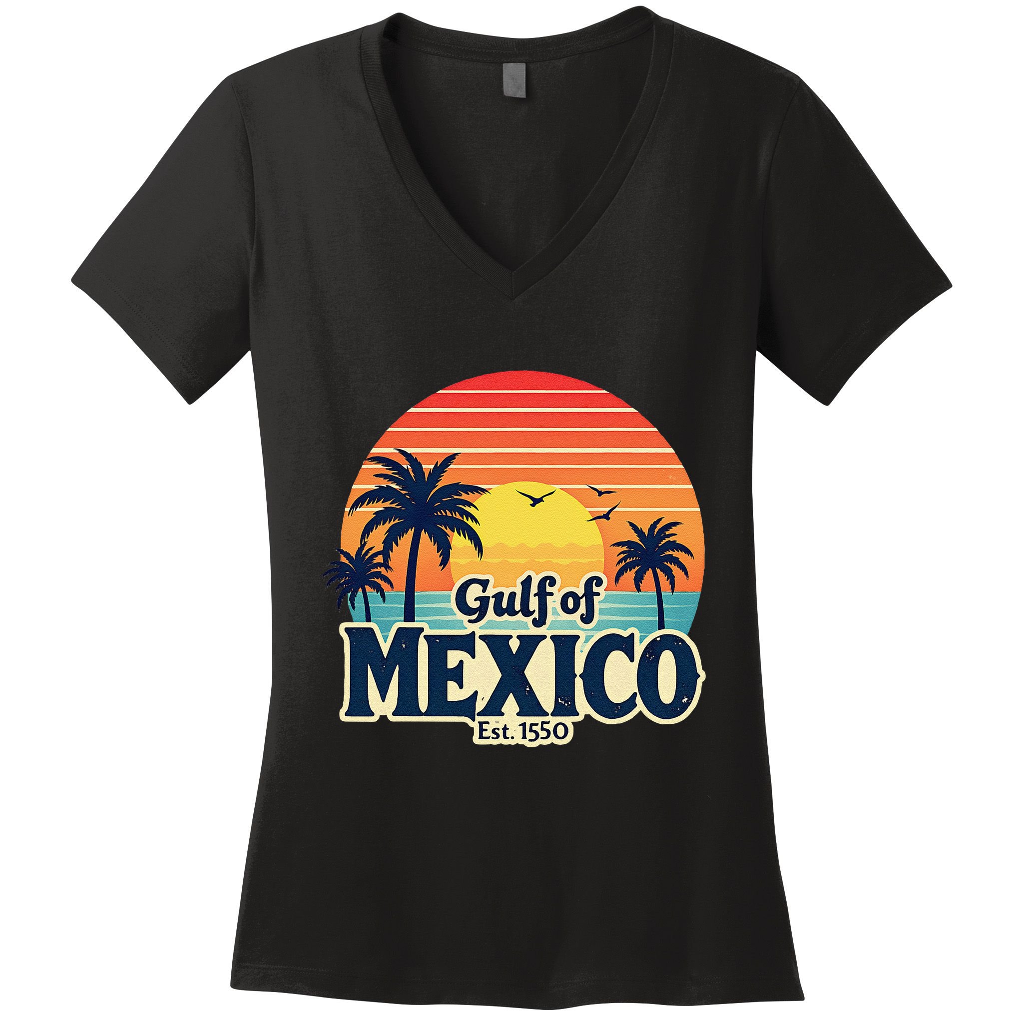 Vintage Gulf Of Mexico Sunset Beach Palm Trees Retro Women's V-Neck T-Shirt