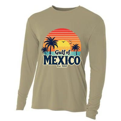 Vintage Gulf Of Mexico Sunset Beach Palm Trees Retro Cooling Performance Long Sleeve Crew