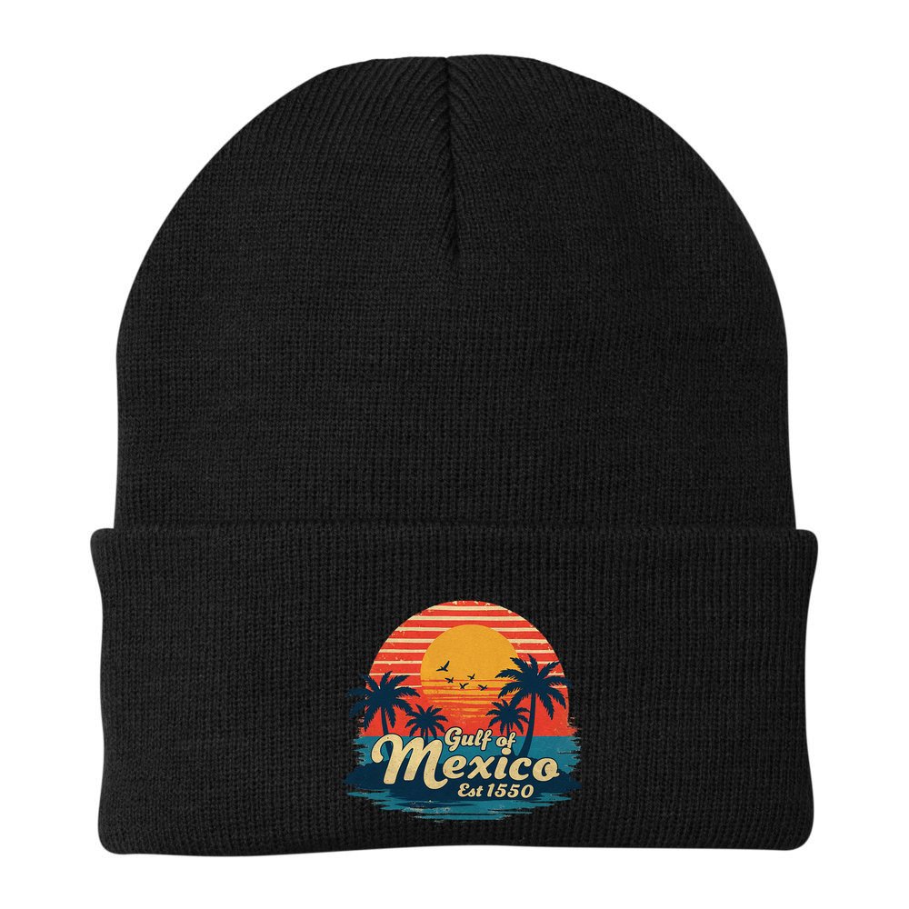 Vintage Gulf Of Mexico Sunset Beach Palm Trees Retro Beanie