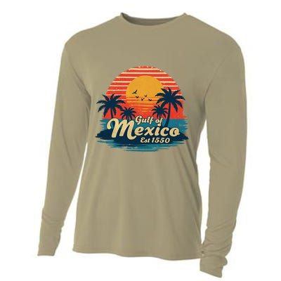 Vintage Gulf Of Mexico Sunset Beach Palm Trees Retro Cooling Performance Long Sleeve Crew