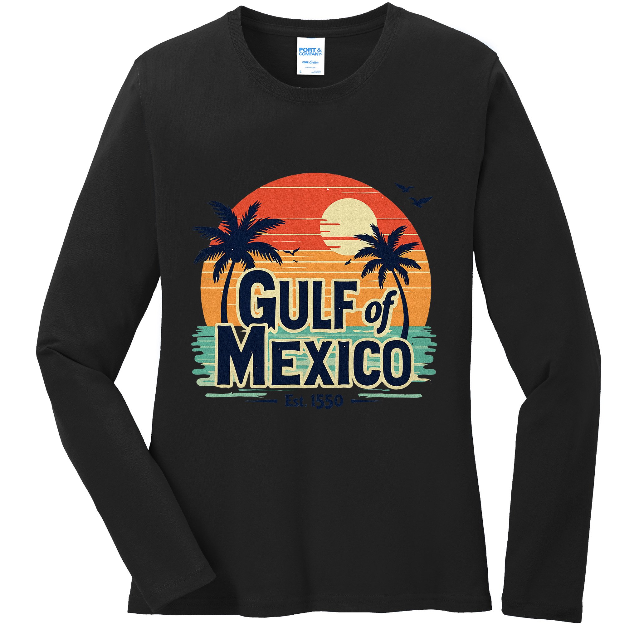 Vintage Gulf Of Mexico Palm Trees Ocean Sunset Coastal Retro Ladies Long Sleeve Shirt