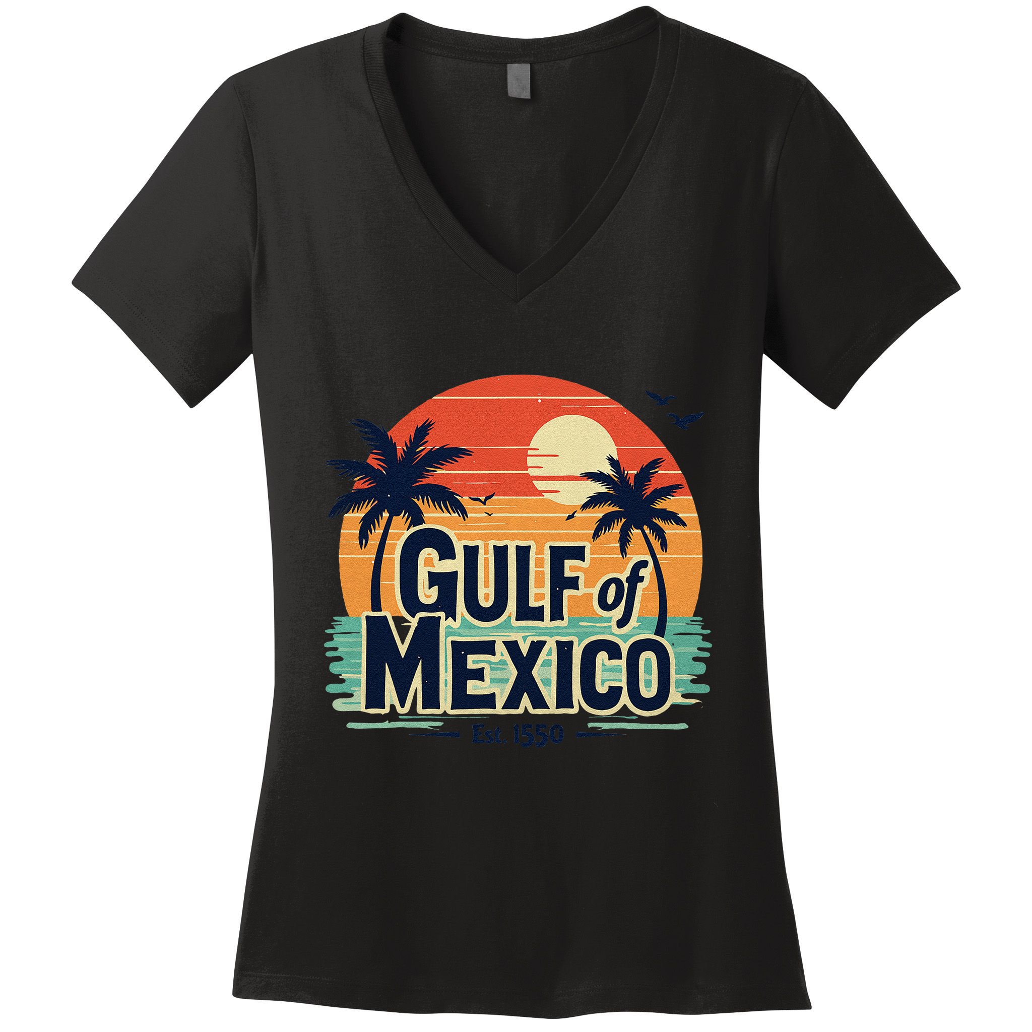 Vintage Gulf Of Mexico Palm Trees Ocean Sunset Coastal Retro Women's V-Neck T-Shirt