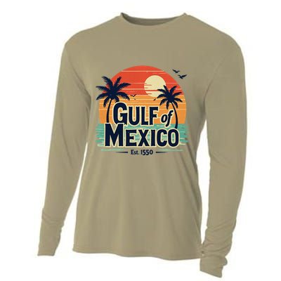 Vintage Gulf Of Mexico Palm Trees Ocean Sunset Coastal Retro Cooling Performance Long Sleeve Crew