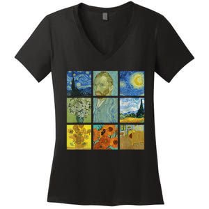 Van Gogh Paintings Sunflowers Starry Night Women's V-Neck T-Shirt