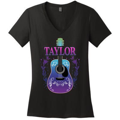Vintage Guitar Personalized Taylor Name Design Women's V-Neck T-Shirt
