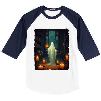 Vintage Ghost Reading Book Librarian Halloween Teachers Baseball Sleeve Shirt