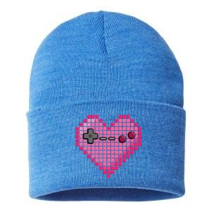 Video Game Retro Gaming Pixel Heart Gift Sustainable Knit Beanie