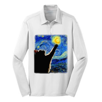 Van Gogh Starry Night Cat Silk Touch Performance Long Sleeve Polo