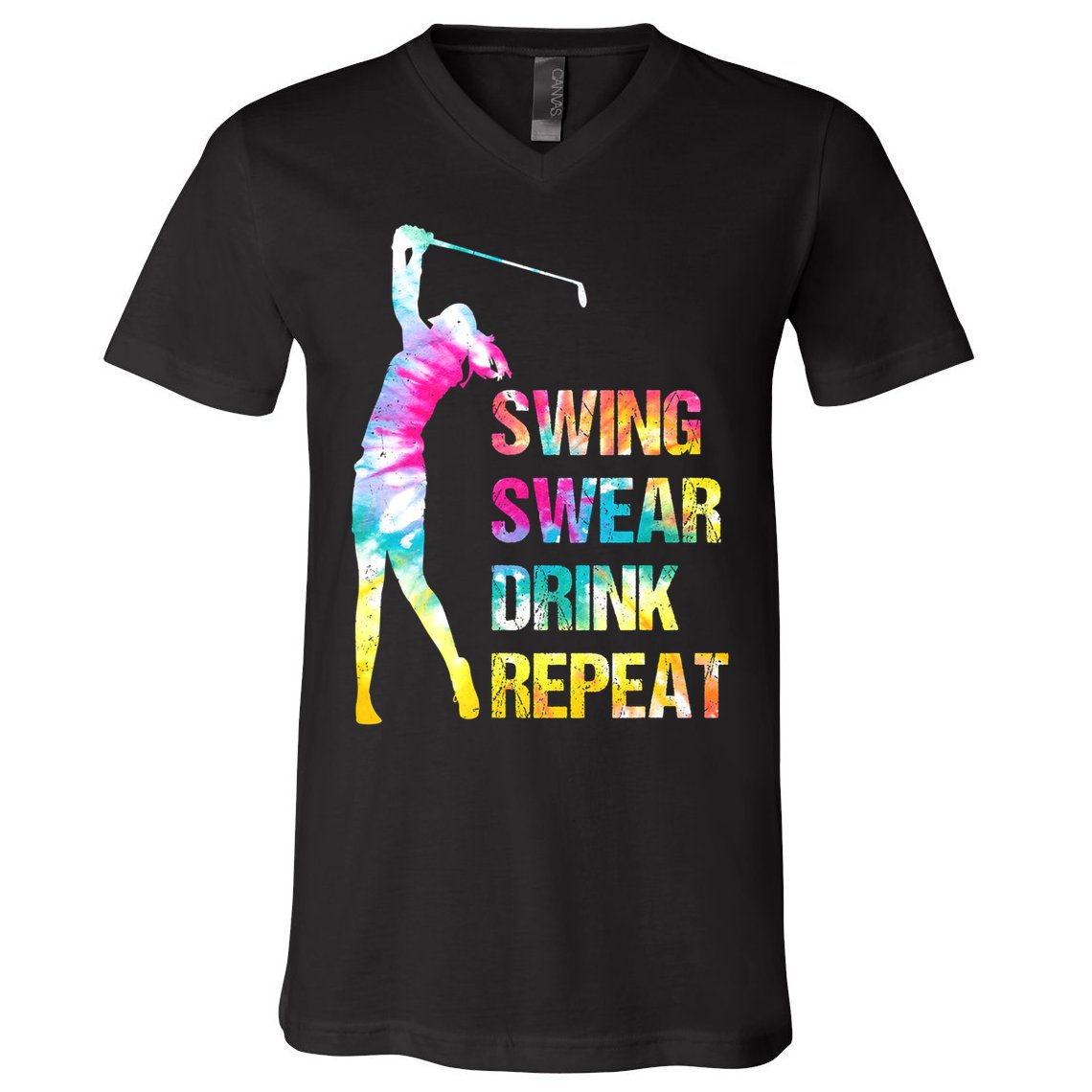 Vintage Golf Swing Swear Drink Repeat Funny V-Neck T-Shirt