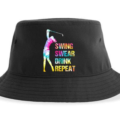 Vintage Golf Swing Swear Drink Repeat Funny Sustainable Bucket Hat