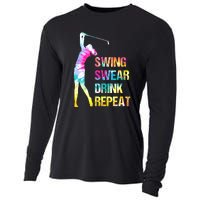 Vintage Golf Swing Swear Drink Repeat Funny Cooling Performance Long Sleeve Crew