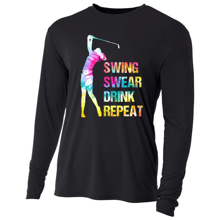 Vintage Golf Swing Swear Drink Repeat Funny Cooling Performance Long Sleeve Crew