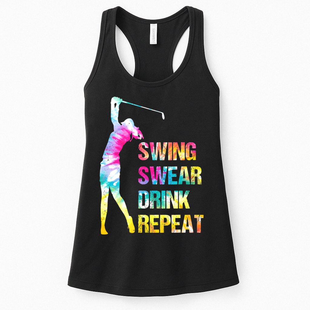 Vintage Golf Swing Swear Drink Repeat Funny Womens Tank Top