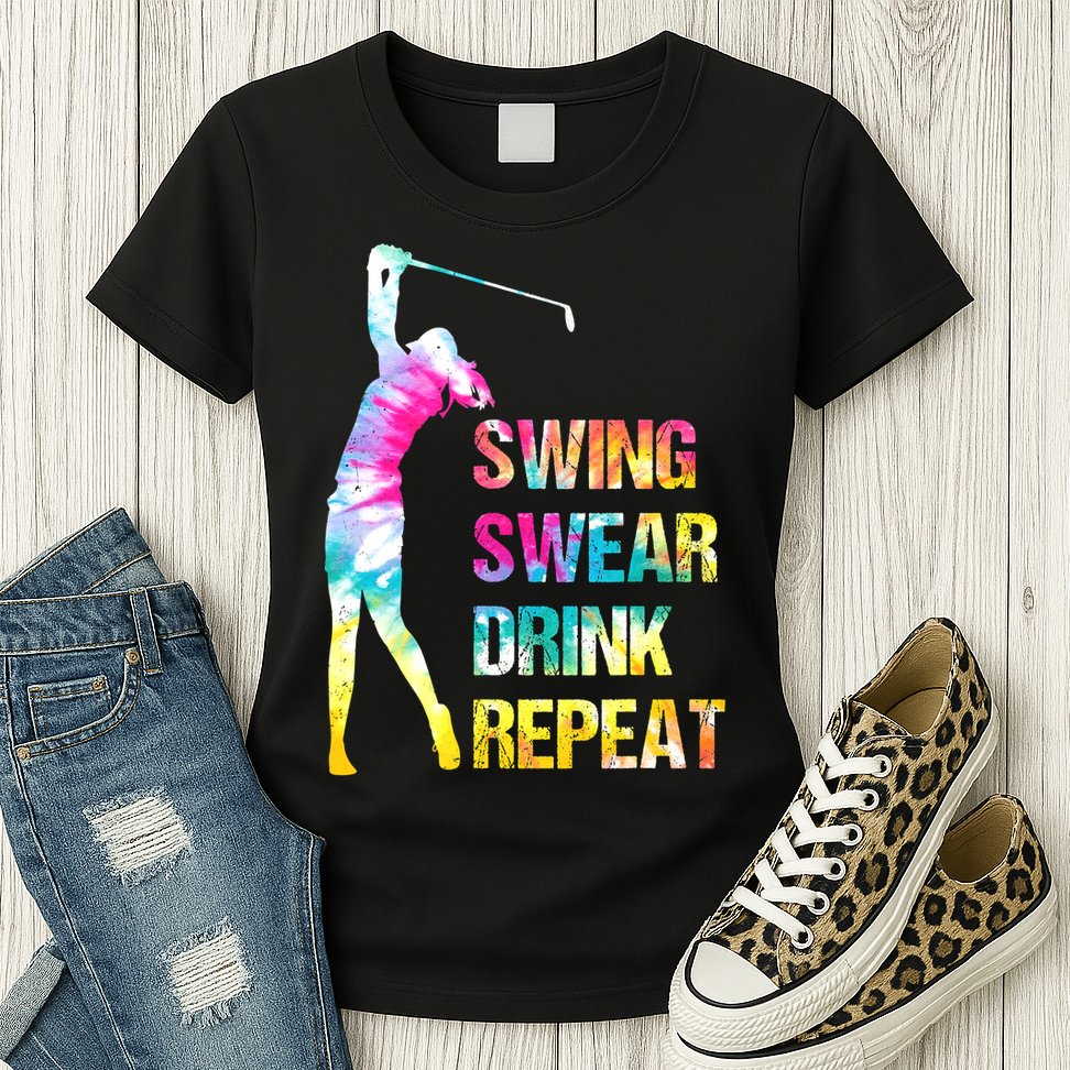 Vintage Golf Swing Swear Drink Repeat Funny Womens T-Shirt