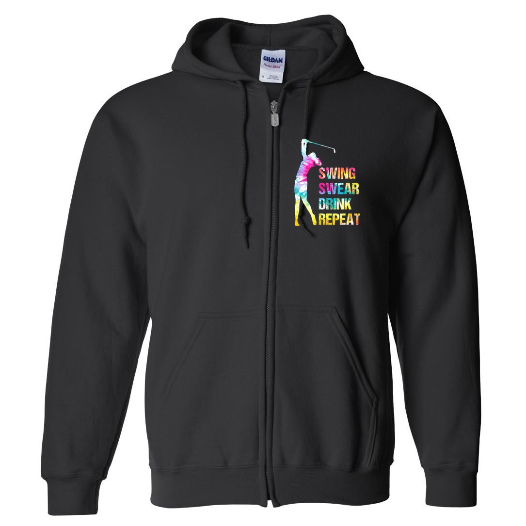 Vintage Golf Swing Swear Drink Repeat Funny Full Zip Hoodie