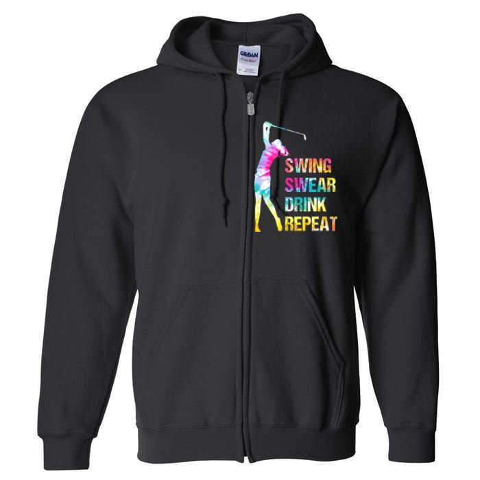 Vintage Golf Swing Swear Drink Repeat Funny Full Zip Hoodie