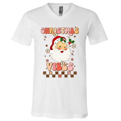 Vintage Groovy Santa Claus Christmas Vibes  V-Neck T-Shirt