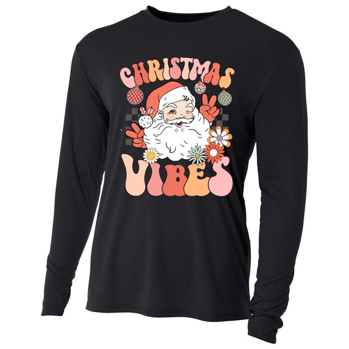 Vintage Groovy Santa Claus Christmas Vibes Women Kids Girls Cooling Performance Long Sleeve Crew