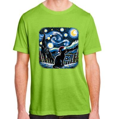 Van Gogh Starry Night Festive Christmas Black Cat Santa Hat  Adult ChromaSoft Performance T-Shirt