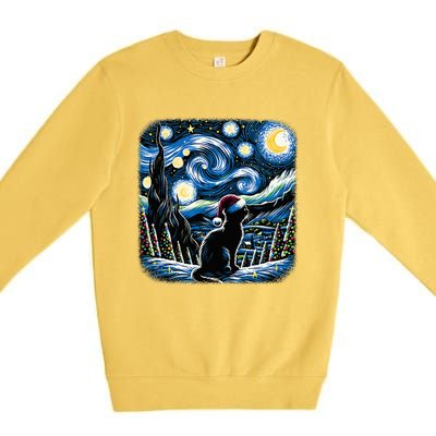 Van Gogh Starry Night Festive Christmas Black Cat Santa Hat  Premium Crewneck Sweatshirt