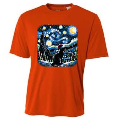 Van Gogh Starry Night Festive Christmas Black Cat Santa Hat  Cooling Performance Crew T-Shirt