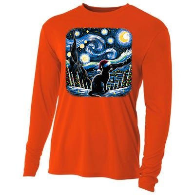 Van Gogh Starry Night Festive Christmas Black Cat Santa Hat  Cooling Performance Long Sleeve Crew