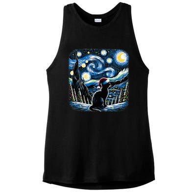 Van Gogh Starry Night Festive Christmas Black Cat Santa Hat  Ladies PosiCharge Tri-Blend Wicking Tank