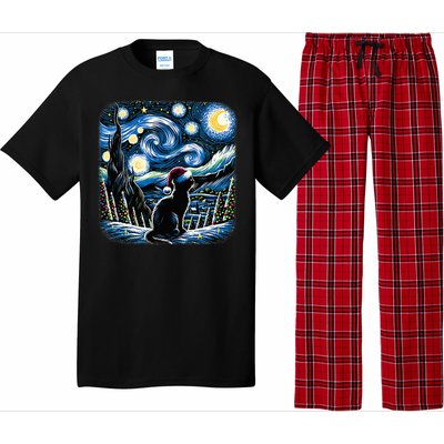 Van Gogh Starry Night Festive Christmas Black Cat Santa Hat  Pajama Set