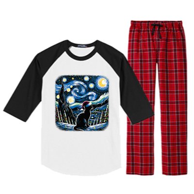 Van Gogh Starry Night Festive Christmas Black Cat Santa Hat  Raglan Sleeve Pajama Set