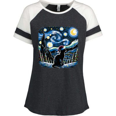 Van Gogh Starry Night Festive Christmas Black Cat Santa Hat  Enza Ladies Jersey Colorblock Tee