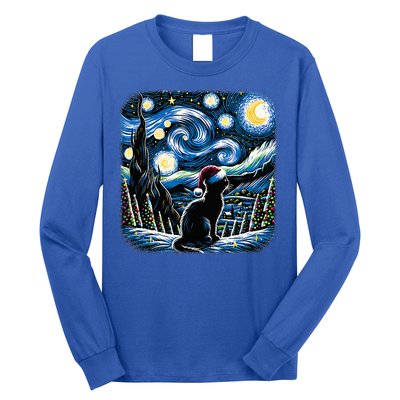 Van Gogh Starry Night Festive Christmas Black Cat Santa Hat  Long Sleeve Shirt