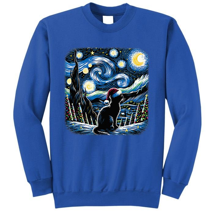 Van Gogh Starry Night Festive Christmas Black Cat Santa Hat  Sweatshirt