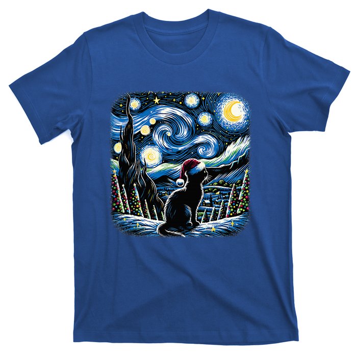 Van Gogh Starry Night Festive Christmas Black Cat Santa Hat  T-Shirt