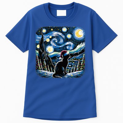 Van Gogh Starry Night Festive Christmas Black Cat Santa Hat  Tall T-Shirt