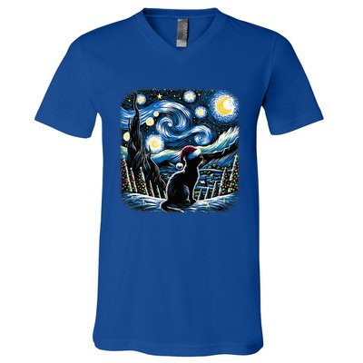 Van Gogh Starry Night Festive Christmas Black Cat Santa Hat  V-Neck T-Shirt