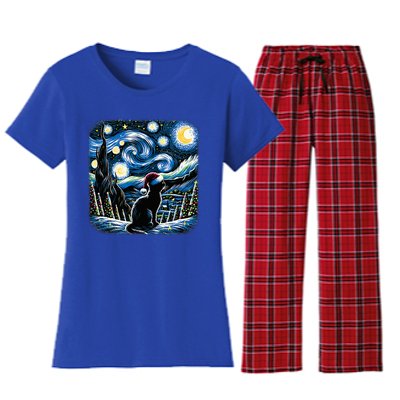 Van Gogh Starry Night Festive Christmas Black Cat Santa Hat  Women's Flannel Pajama Set