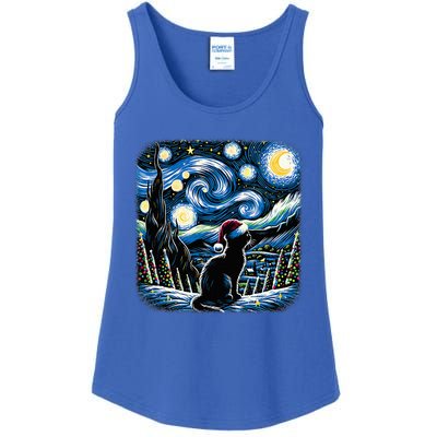 Van Gogh Starry Night Festive Christmas Black Cat Santa Hat  Ladies Essential Tank