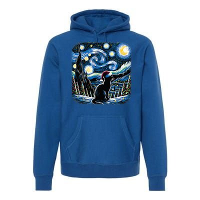 Van Gogh Starry Night Festive Christmas Black Cat Santa Hat  Premium Hoodie